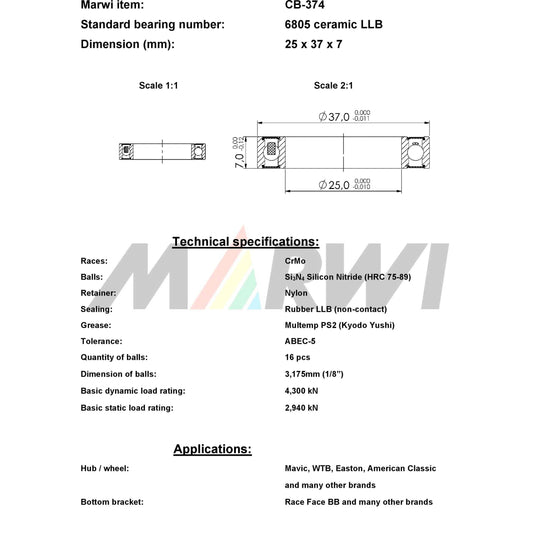 Union kogellager cb-374 6805 llb 25x37x7 keramisch