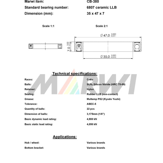 Union kogellager cb-380 6807 llb 35x47x7 keramisch