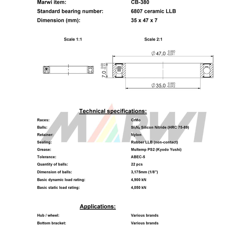 Afbeelding laden in galerijviewer, Marwi union kogellager cb-380 6807 llb 35x47x7 keramisch
