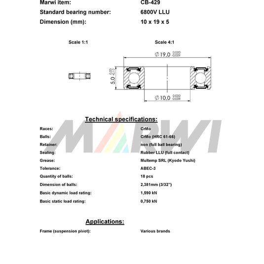 Union kugellager ball bearing cb-429 10x19x5