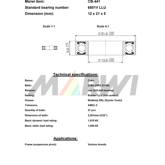 Union kogellager max cb-441 6801v llu 12x21x5