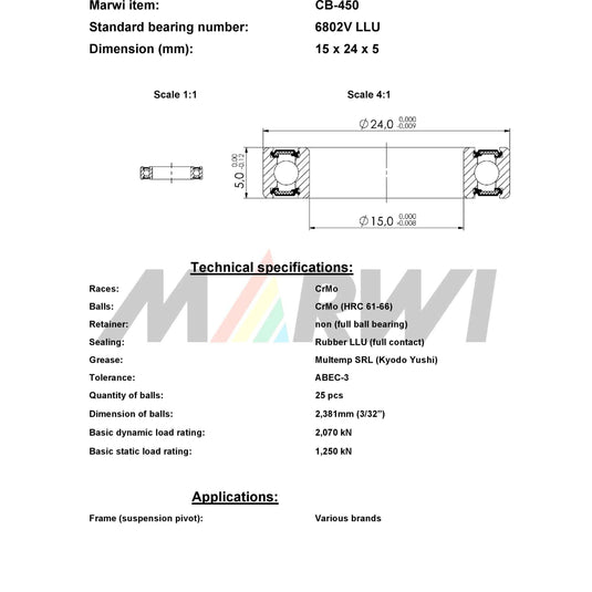 Marwi union kogellager ball bearing union cb-450 15x24x5