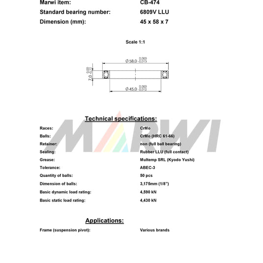 Union kogellager max cb-474 6809v llu 45x58x7