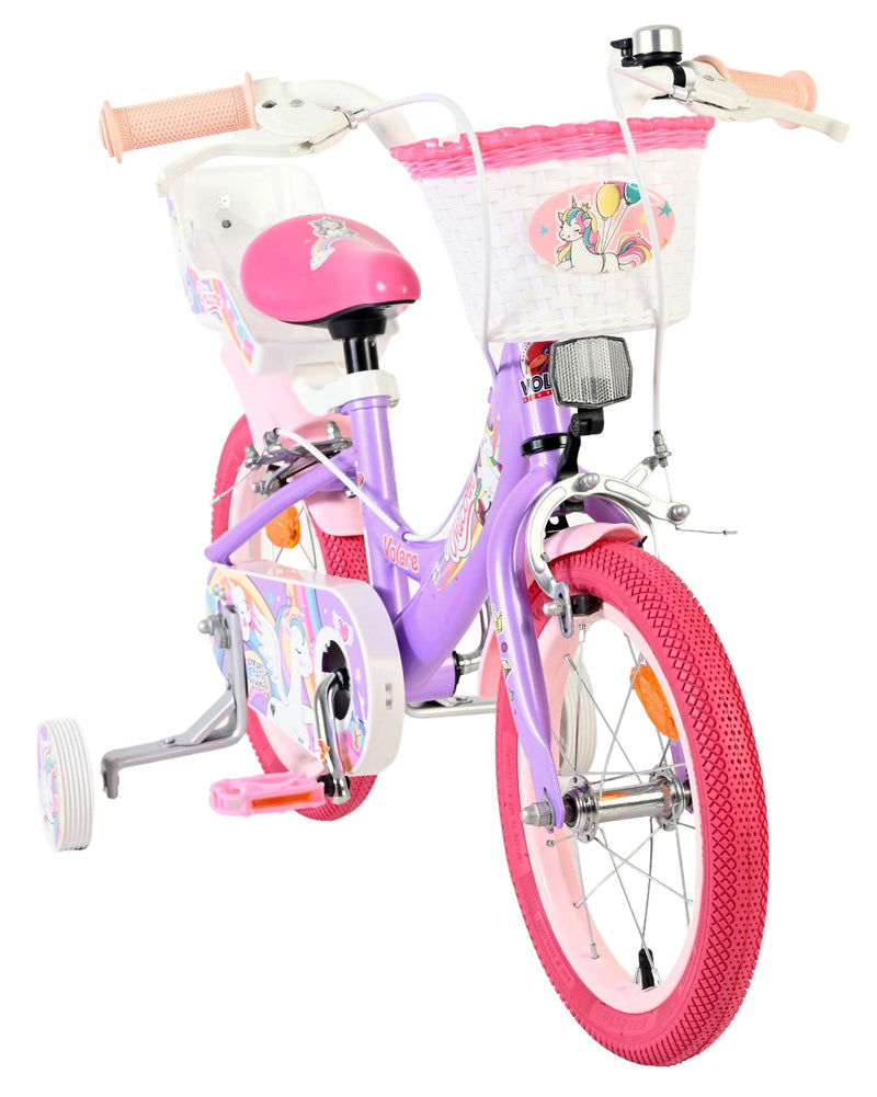 Afbeelding laden in galerijviewer, Volare unicorn kinderfiets - meisjes - 14 inch - paars - twee handremmen
