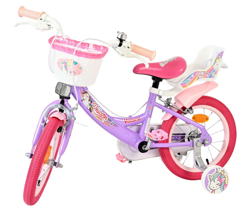 Afbeelding laden in galerijviewer, Volare unicorn kinderfiets - meisjes - 14 inch - paars - twee handremmen
