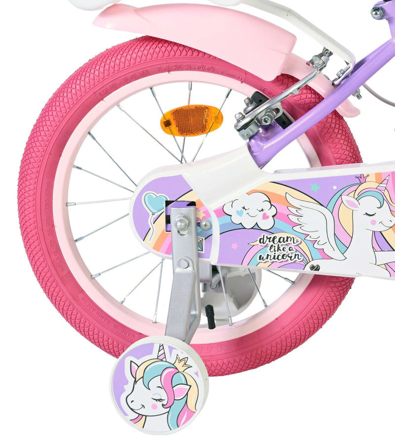 Afbeelding laden in galerijviewer, Volare unicorn kinderfiets - meisjes - 16 inch - paars - twee handremmen
