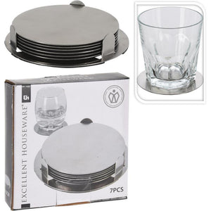 Excellent houseware onderzetters rvs 8,5 cm set a 6 stuks in houder