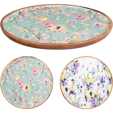 Home styling onderbord 25x25cm mangohout met bloemenprint 2 assorti