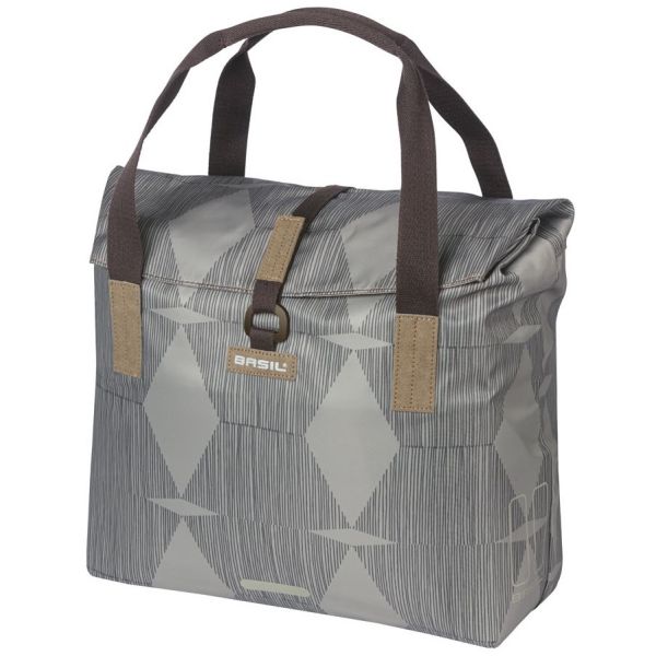 Load image into Gallery viewer, Basil Elegance fietsshopper, Green PET, waterkerende vouwsluiting, gepolsterde hand schouderbanden, 20-26L, taupe
