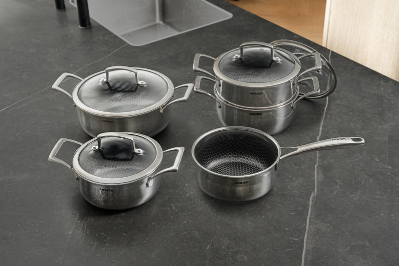 Load image into Gallery viewer, Arbaer 9-delige pannenset inductie met honingraat anti-aanbaklaag
