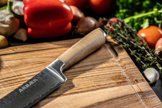 Arbaer santoku koksmes 18,5 cm damascus staal olijfhouten handvat japans