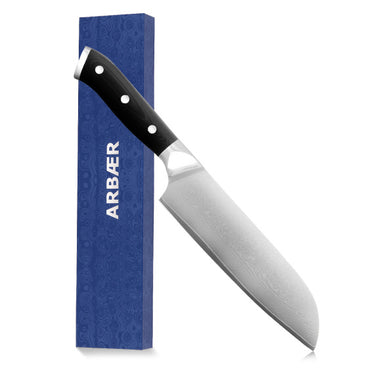 Arbaer koksmes 18 cm japans santoku lemmet damascus staal g10 handvat
