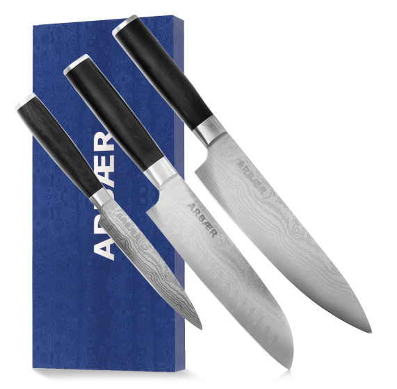 Load image into Gallery viewer, Arbaer messenset 3-delig japanse damascus print pakka houten handvat
