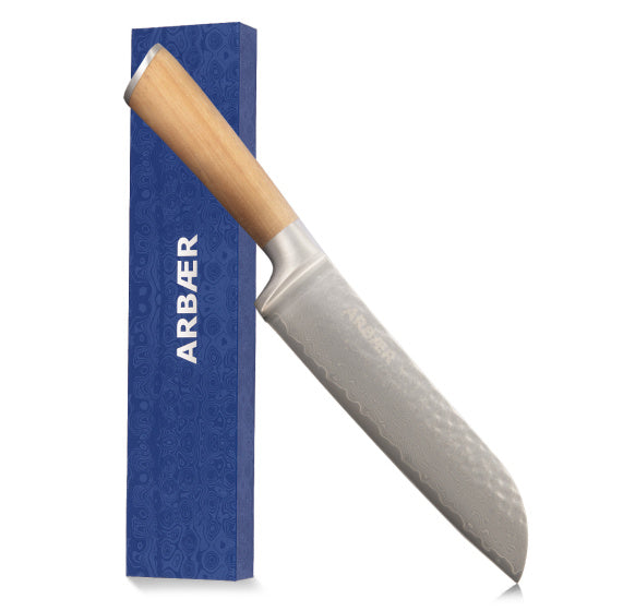 Load image into Gallery viewer, Arbaer santoku koksmes 18,5 cm damascus staal olijfhouten handvat japans
