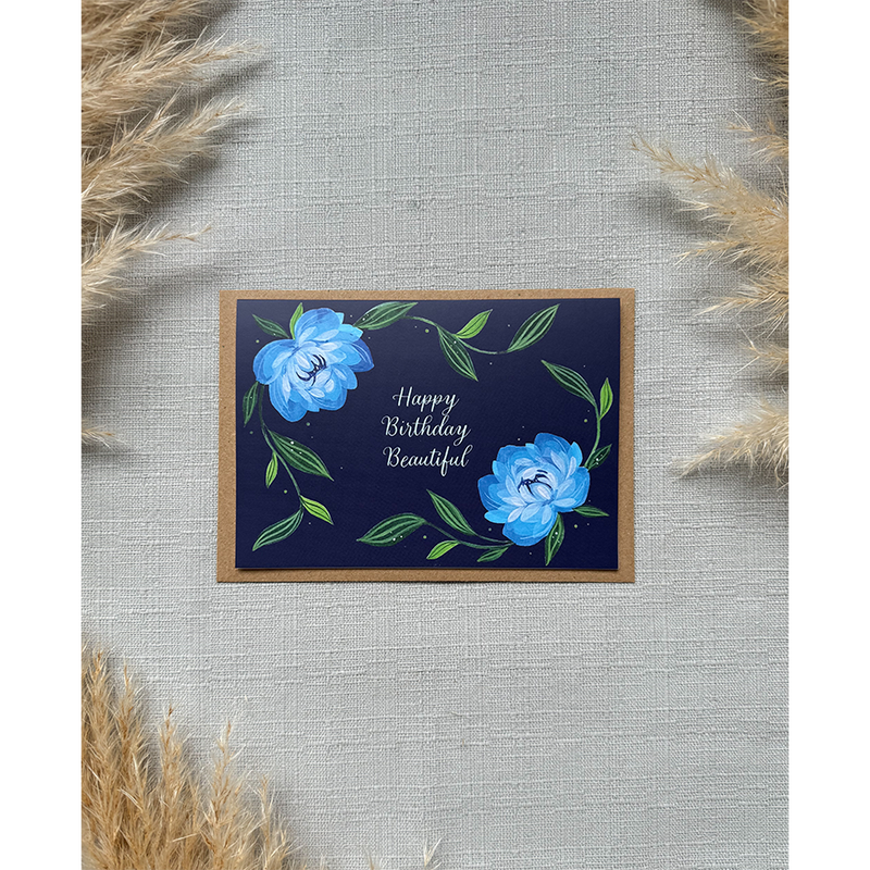 Afbeelding laden in galerijviewer, Art by andu wenskaart hbd blue flowers
