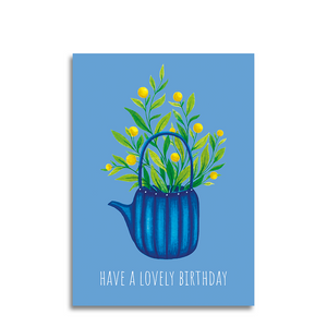 Art by andu wenskaart light blue tea pot blue stripes