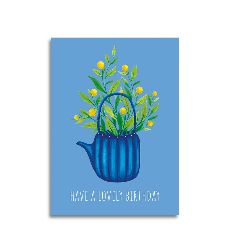 Chargez l'image dans la visionneuse de la galerie, Art by andu wenskaart light blue tea pot blue stripes
