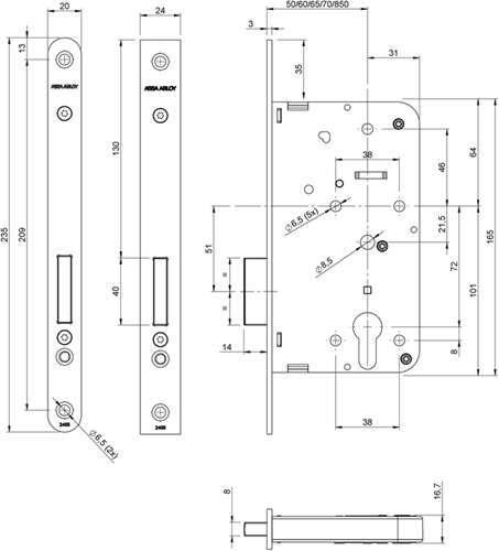 Chargez l'image dans la visionneuse de la galerie, Assa abloy 2455 kastslot | dm50mm | pc | voorplaat staal gelakt 24x235mm rechthoekig | dr 1+2+3+4 - 7962019

