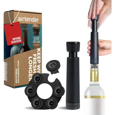 Airtender wijn vacuã¼mpomp met 6 wijnstoppers + bewaarclip in cadeaudoos