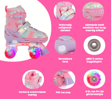 Aventuri verstelbare rolschaatsen met lichtjes roze glitter maat 27-30 (xs)