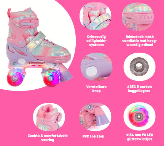 Aventuri verstelbare rolschaatsen met lichtjes roze glitter maat 31-34 (s)
