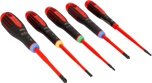 Afbeelding laden in galerijviewer, Bahco schroevendraaierset ergo™ | geïsoleerd | vde | driecomponentengreep | smal blad | gleuf- | pozidriv- en torx® - 5-delig - be-9872sl
