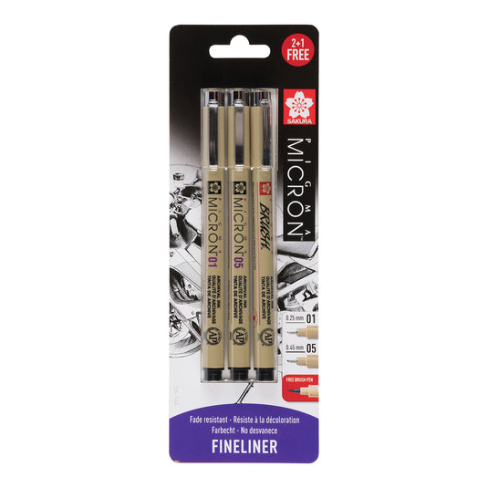 Sakura • pigma micron set zwart 01, 05 gratis brush pen
