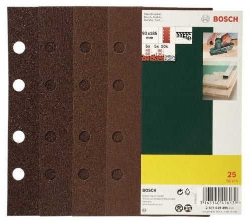 Load image into Gallery viewer, Bosch accessoires 25-delige schuurbladenset vlak 93x185 voor vlakschuurmachines, korrel 40, 60, 80, 120 - 2607019495
