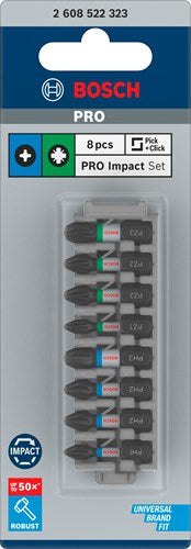 Bosch accessoires impact 8 delige bitset - ph1 ph2 ph3 pz2 pz3 - impact control - 2608522323
