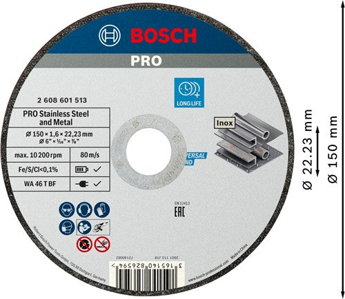 Bosch accessoires pro stainless steel and metal bonded cutting disc | 150 x 1.6 x 22.23 mm | straight - 2608601513