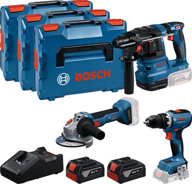 Bosch blauw bosch professional 18v toolkit - combiset - gsr 18v-65 + gws 18v-8 + gbh 18v-22 + 2x gba 18v 5.0 ah accu en gal 18v-40 lader + 3x l-boxx 136