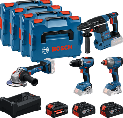 Load image into Gallery viewer, Bosch blauw accutoolkit 4-toolkit 18v | gsr 18v-65 + gdx 18v-285 + gbh 18v-26 + gws 18v-11 | + 2x gba 18v 5,0ah + 1x exba 18v 5,5ah + lader - 0615a500bj
