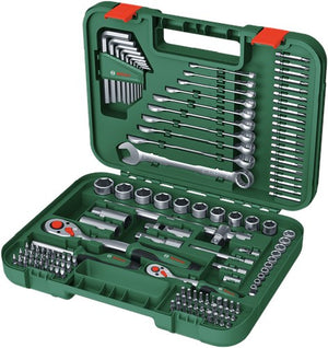 Bosch groen fastening set 132-piece (1 2 ratel, 1 4 ratel, universele bitschroevendraaier, torx sleutelset 10 stuks, 10x steek ringsleutel, 20x bit (50 mm), 60x bit (25 mm) - 1600a02z9b