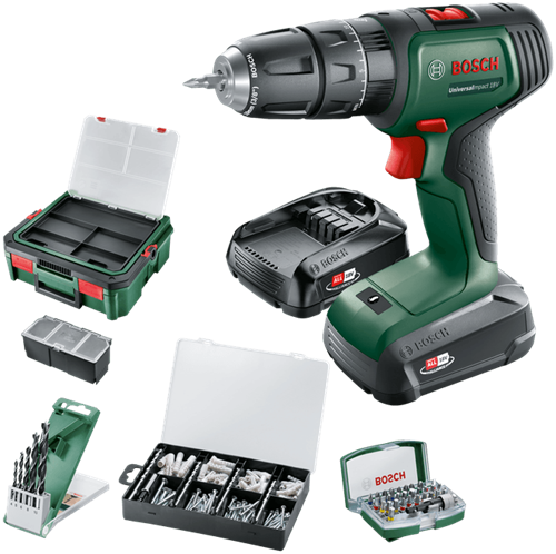 Load image into Gallery viewer, Bosch groen universalimpact 18v | accuklopboorschroevendraaier | 1.5 ah + 2.5 ah accu + lader | + systembox en accessoires 06039d4107
