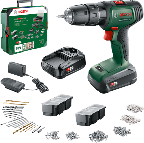 Afbeelding laden in galerijviewer, Bosch groen universalimpact 18v | accuklopboorschroevendraaier | 2 x 1.5 ah accu + lader | + systembox 06039d4103
