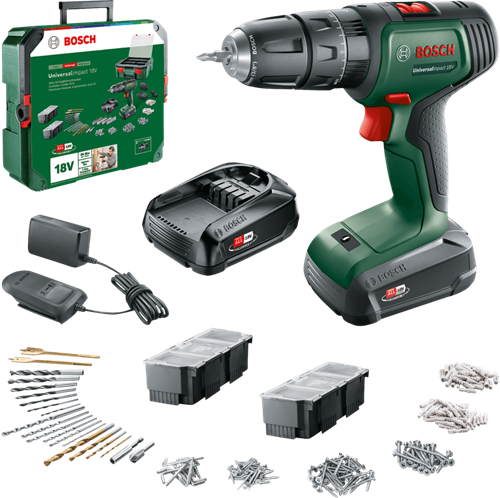 Afbeelding laden in galerijviewer, Bosch groen universalimpact 18v | accuklopboorschroevendraaier | 2 x 1.5 ah accu + lader | + systembox 06039d4103
