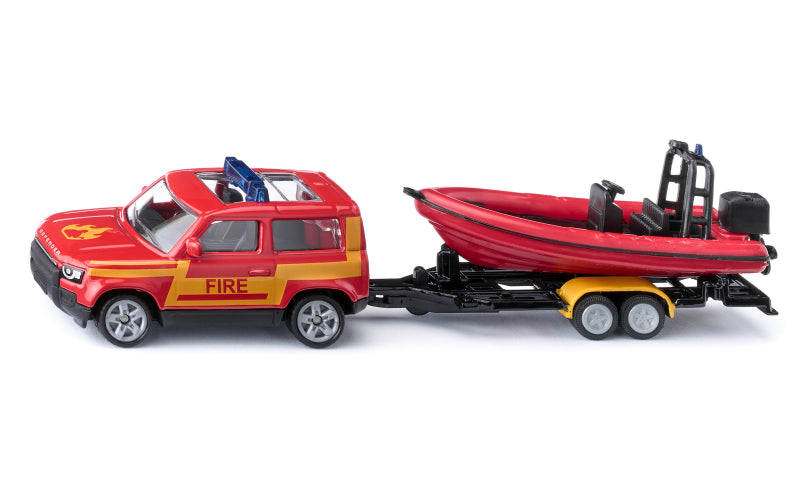 Load image into Gallery viewer, Siku brandweerwagen land rover defender met reddingsboot
