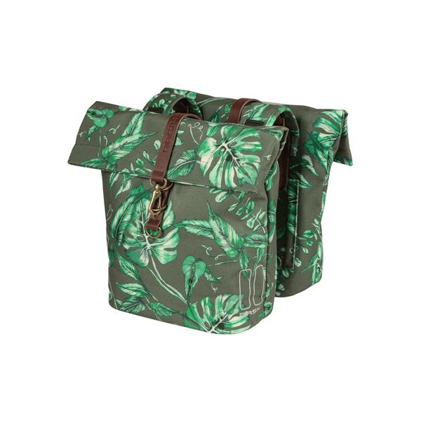 Afbeelding laden in galerijviewer, Basil Ever-Green dubbele fietstas, gerecycled PET, waterkerende vouwsluiting, vegan leather, 28-32L, thyme groen
