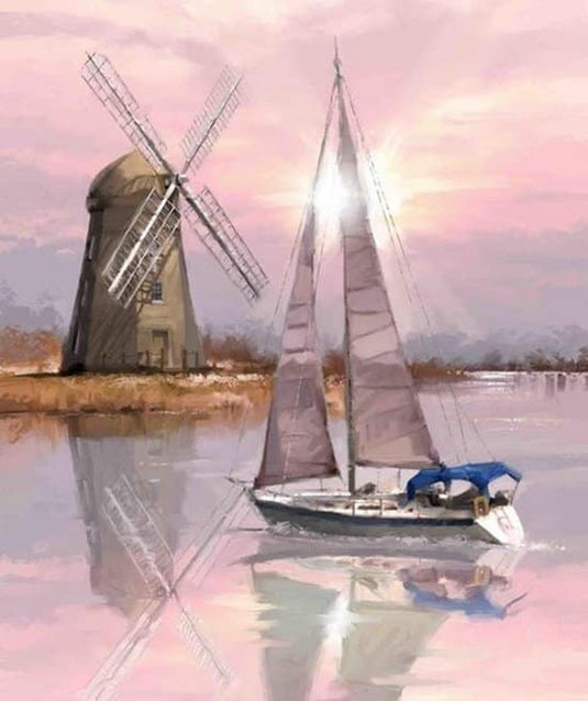 Toi-toys diamond painting - zeilboot met molen - 21x25 cm