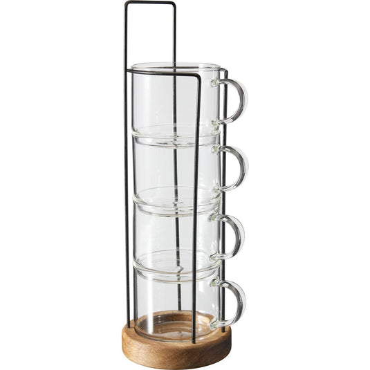 Excellent houseware drinkglas set 280ml met metaal hout standaard 8x7x10,8cm