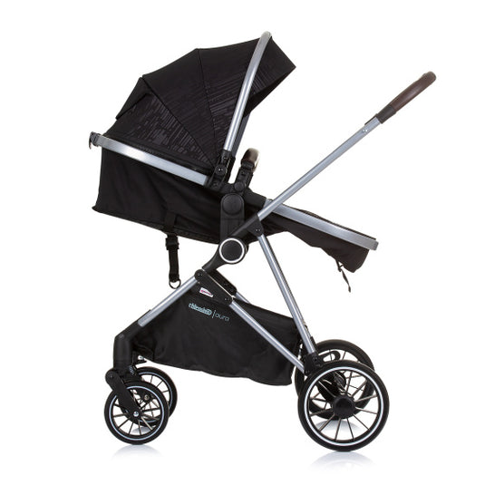 Chipolino aura opvouwbare 3-in-1 kinderwagen met luiertas obsidian zwart zilver