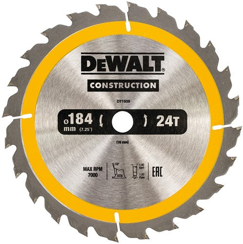 Dewalt accessoires cirkelzaagblad 184x16x24t, positief 16°, kerf 1,8mm - dt1939-qz