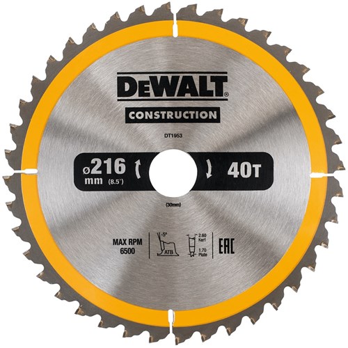Dewalt accessoires dt1953 construction cirkelzaagblad - 216x30x40t - hout - dt1953