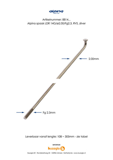 Buzaglo spaken 286-14 alpina ø2.00mm fg 2.3 rvs - zilver (144 stuks) 1