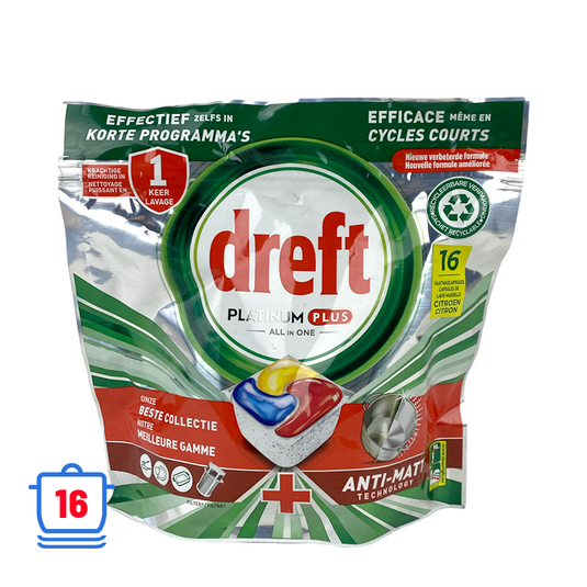 Dreft vaatwastabletten platinum plus all in one anti-matt lemon 16 stuks