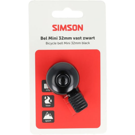 Simson fietsbel mini 32mm vaste kunststof bevestiging zwart