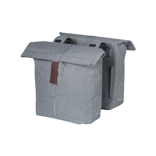 Basil City dubbele fietstas grijs, waterafstotend, geschikt voor e-bikes, reflecterend, 28-32L