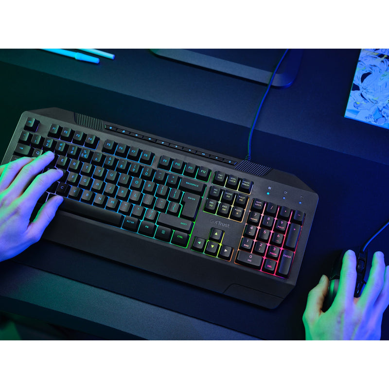 Load image into Gallery viewer, Trust gxt 836 evocx rgb gaming toetsenbord (zwart, us lay-out (qwerty), membraan, 100%, rgb)
