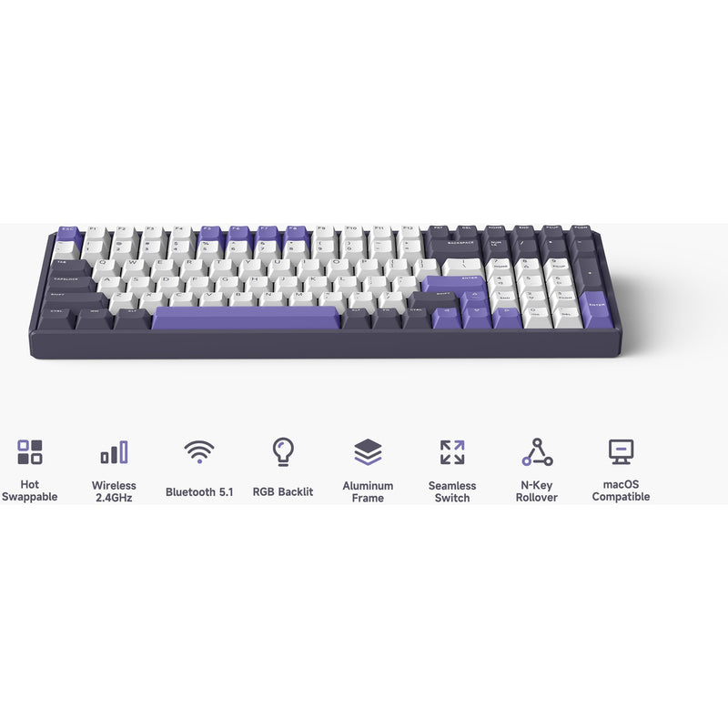 Load image into Gallery viewer, Iqunix f97 lavandin wireless mechanical keyboard, gaming toetsenbord (lavendel, us lay-out, cherry mx brown, rgb leds, 96%, hot-swappable, pbt, 2.4ghz | bluetooth 5.1 | usb-c)
