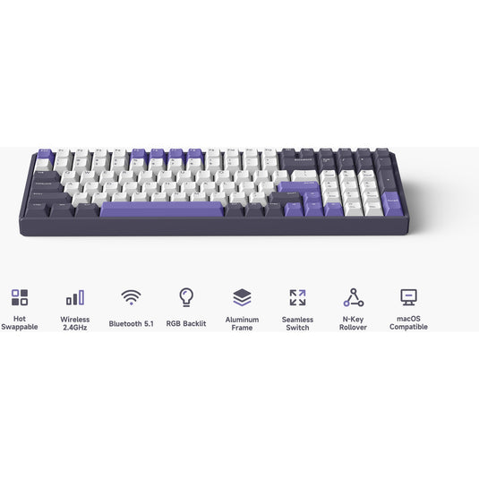 Iqunix f97 lavandin wireless mechanical keyboard, gaming toetsenbord (lavendel, us lay-out, cherry mx brown, rgb leds, 96%, hot-swappable, pbt, 2.4ghz | bluetooth 5.1 | usb-c)